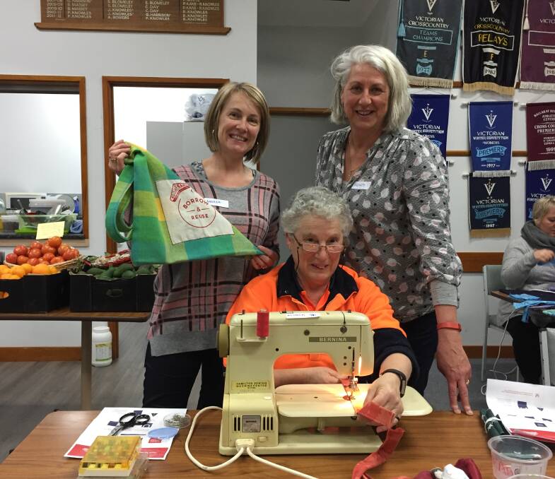 UNITED: Boomerang Bags Ballarat founders Andrea Hurley and Wendy Aston with keen sewing volunteer Althea Oliver on Wednesday night.