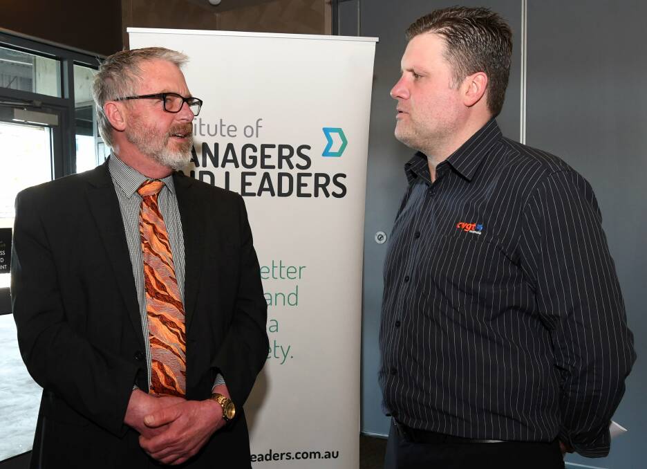 STARTING POINT: Federation University StudentConnect director Jerry Van Delft and CVGT's Daniel Smart share experience in promoting mentally healthier workplaces in Ballarat. Picture: Lachlan Bence