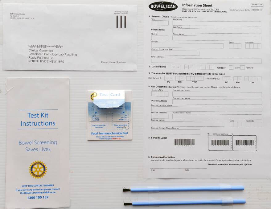 A look inside the Rotary Bowelscan kit: the key difference in the screening kit is that it requires a “brush” water sample rather than faecal material. Tests looks for blood, often undectected by the naked eye, in your bowel movement but not for bowel cancer.