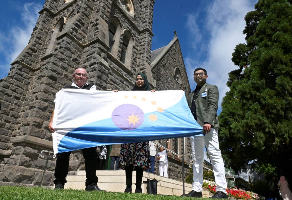 City of Ballarat mayor Des Hudson with Ballarat Interfaith Network's Aasiya Furniturewala and Lokan Ravi for a special service at St Peter's Anglican church in Sturt Street on February 1, 2024. Picture by Lachlan Bence