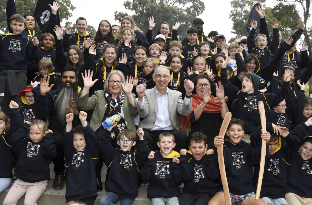 Ballarat and District Aboriginal Cooperative's Shu Brown, Central Highlands Water managing director Jeff Haydon and chairmanager Angeleen Jenkins with BADAC chief executive officer Karen Heap with BADAC children on camp. Picture by Lachlan Bence