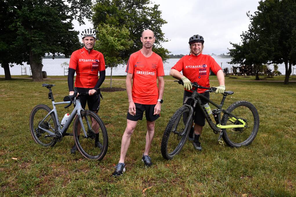 WAIT: Ballarat Cycle Classic Ambassadors Shane Miller, Steve Moneghetti and Antanas Spokevicius. Picture: Adam Trafford