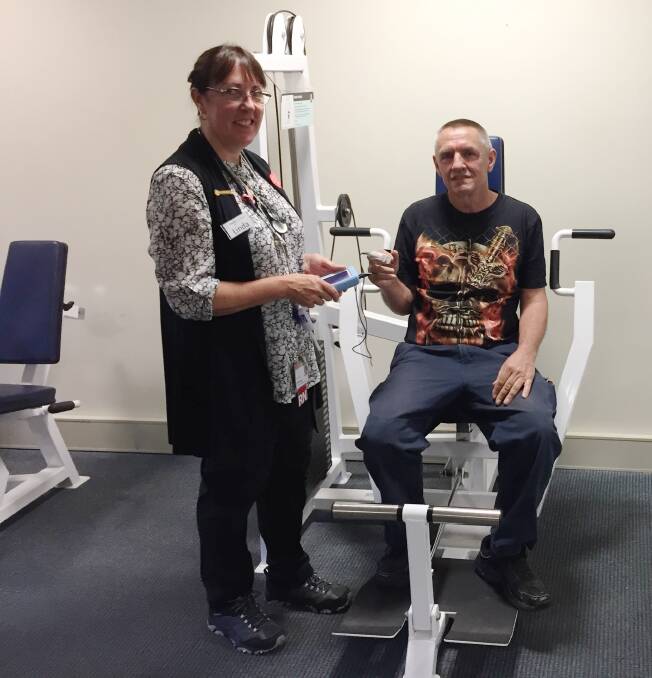 SUPPORT: Heartbeat Ballarat vice-president and cardiac nurse Linda Macaulay offers ongoing help to Shayne McGennisken in the Queen Elizabeth Centre gym.