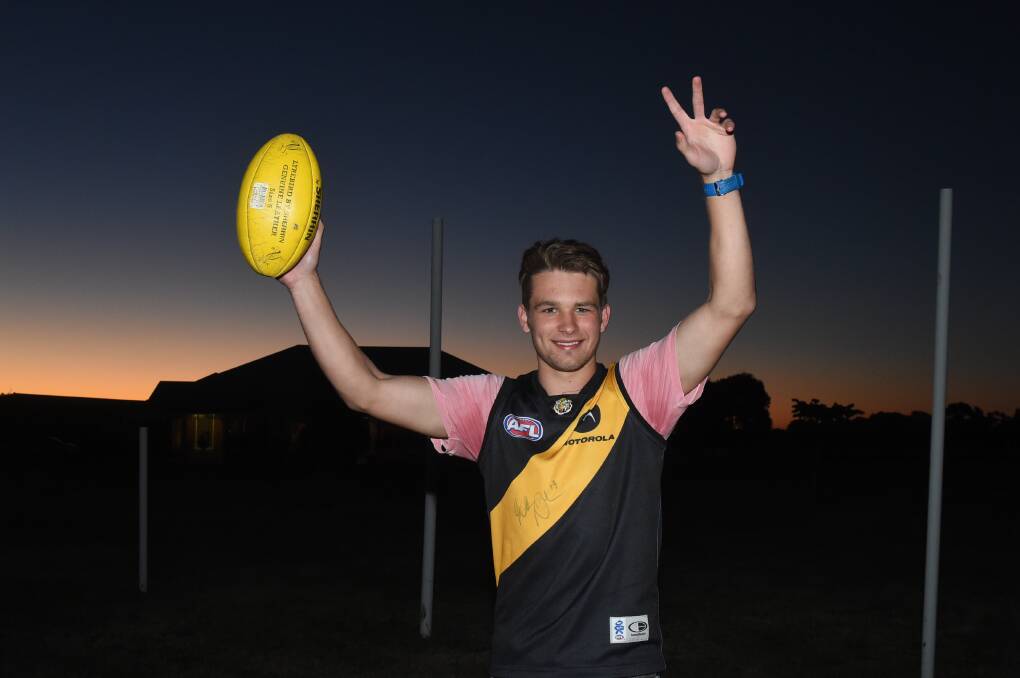 ROAR: Lake Wendouree's Dan Butler, set to play in the AFL grand final, celebrates the night he became a Tiger in November 2014. Picture: Lachlan Bence