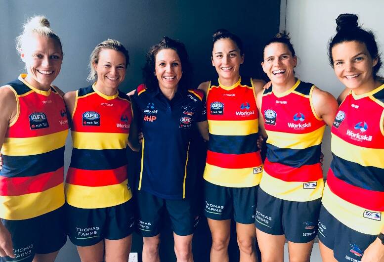 Leading Team's Kelly Vennus with reigning AFLW premier Adelaide Crows' leadership group Erin Phillips, Courtney Cramey, Angela Foley, Chelsea Randall and Ballarat's Sally Riley. Picture: Kelly Vennus