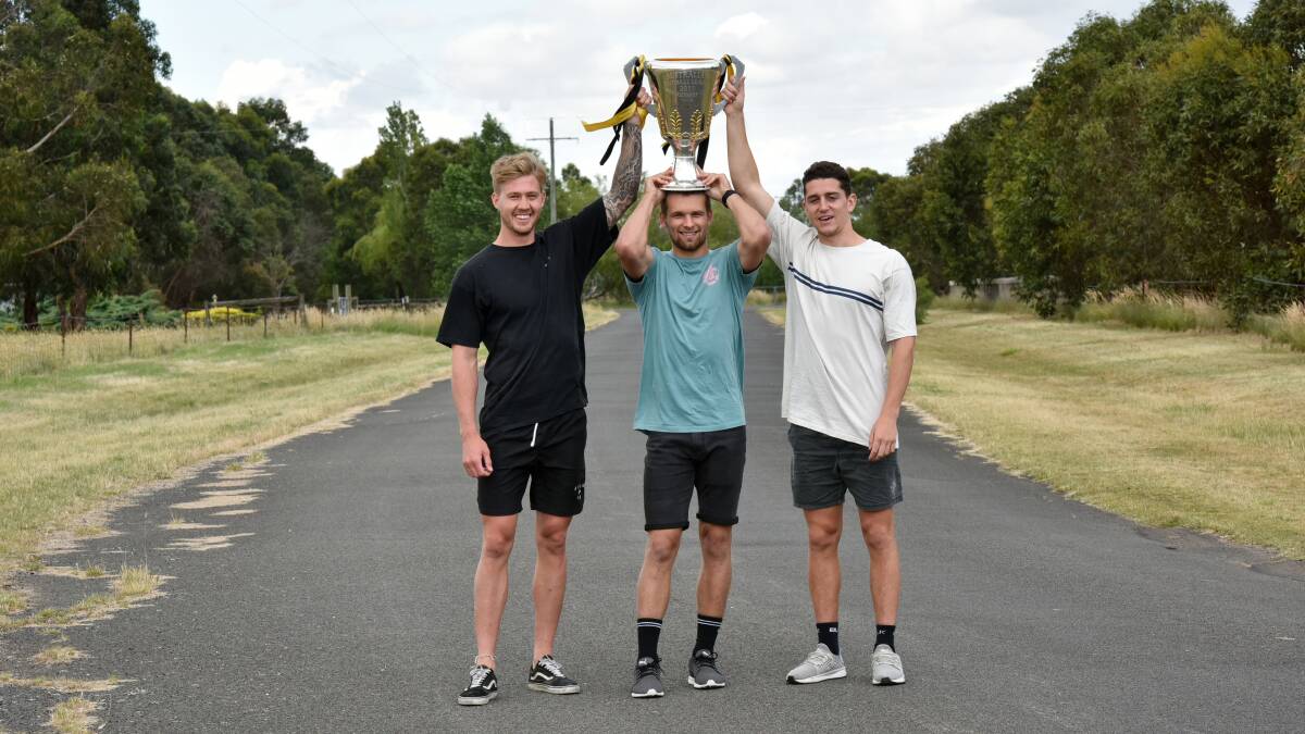 Ballarat's Dan Butler, flanked by his then-Tiger teammates Nathan Broad and Jason Castagna, sneak Richmond's 2017 AFL Premiership Cup to Ballarat after the city was initially overlooked for a Cup tour. Picture by Jeremy Bannister