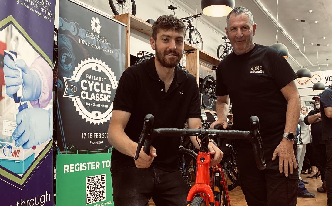 Fiona Elsey Cancer Research Institute's Louis Perriman and Cyclescape's Steve Kennedy gear up for Ballarat Cycle Classic's return. Picture by Melanie Whelan