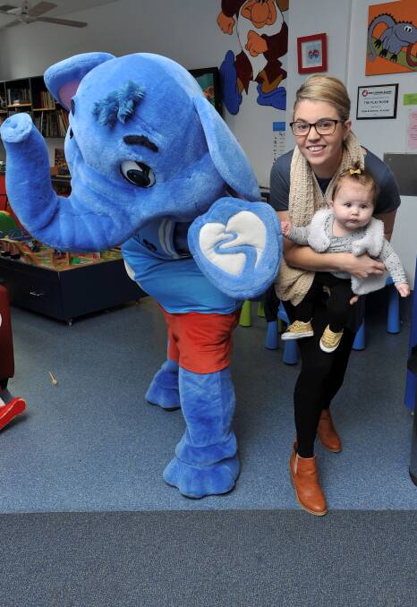 GETTING SET: Jess Lang and her six-month-old daughter Ava join forces with River's Gift mascot Hope to prepare for Run Ballarat. Picture: Lachlan Bence