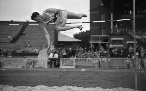 HIGHER: John Vernon in action at the peak of his high jumping career that started in the playgrounds of Pleasant Street primary. Picture: courtesy of Ballarat Sportsmen's Club