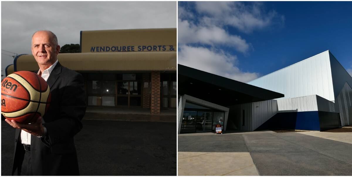Basketball Ballarat chief Peter Eddy outside the old entrance versus the new BSEC entrance. The old way in still exists but will get a new skin under a $5.2 million funded stage two upgrade.