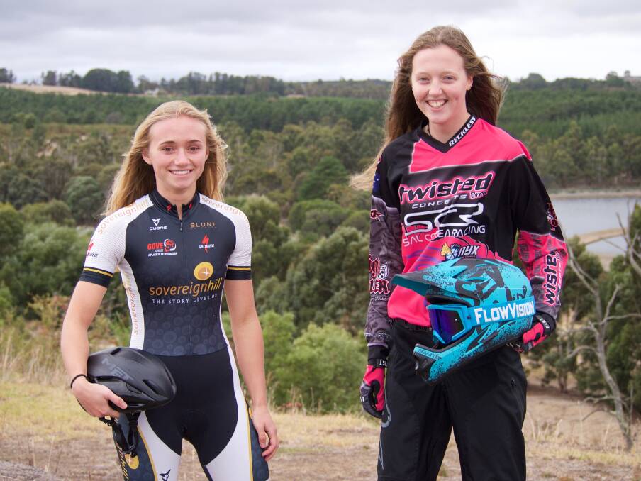 RIDING STRONG: Eureka Cycling Club scholarship holders Alaya Humber (track) and Shallan Pompe (BMX) remain determined to keep racing up the ranks in cycling. Picture: Eureka Cycling Club