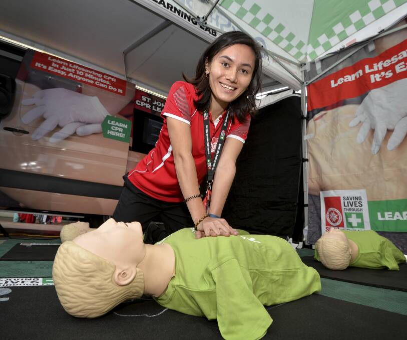 PUMPING: St John CPR Lab instructor Rachel Schmidt shows how to help save lives with the help of a catchy beat and tune. Picture: Dylan Burns