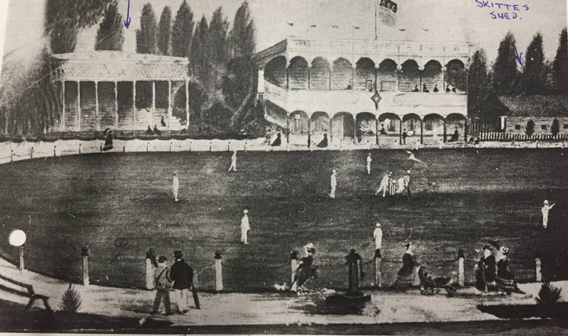 LEGACY: An historic depiction of cricket Eastern Oval featuring the existing grandstand (centre) and old pavilion (left), which was demolished in 1976. The little shed to the right housed skittles. Picture: courtesy East Point Football Netball Club