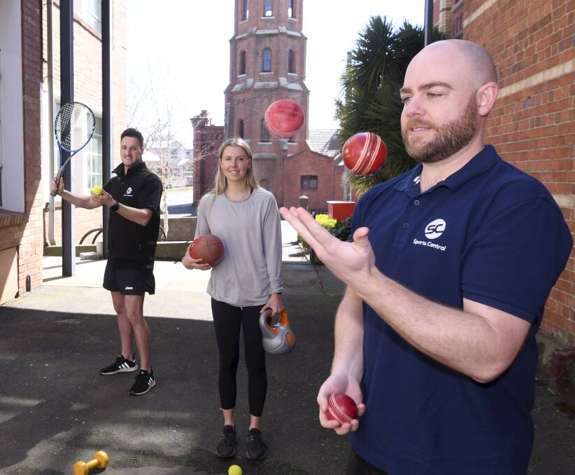 WARMING UP: Tom McCarthy, Ella Selmon and Michael Flynn get ready to lead the charge in a virtual challenge to help Ballarat get back in the game after lockdowns. Picture: Lachlan Bence
