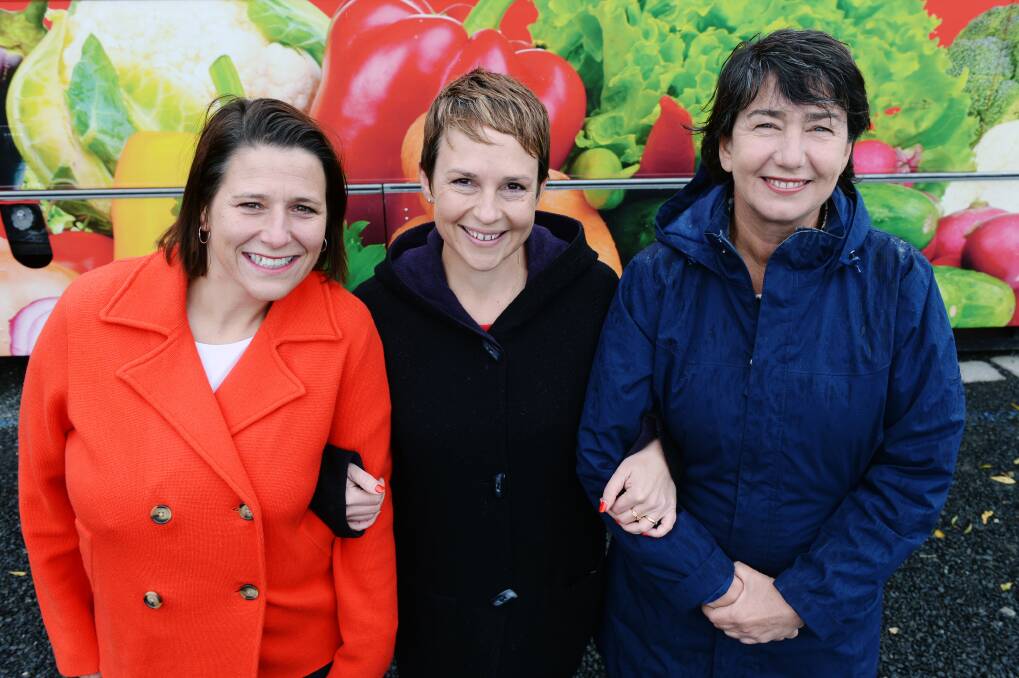 Victorian Regional Development Minister Jaala Pulford with Labor candidates Juliana Addison (Wendouree) and Michaela Settle (Buninyong). Picture: Kate Healy