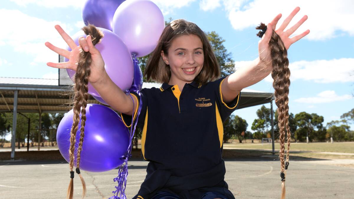 CHOP, CHOP: Clunes primary's Sienna McLure makes a cutting change to raise awareness and funds for Creswick-based end of life care hub Shannon's Bridge. Picture: Kate Healy