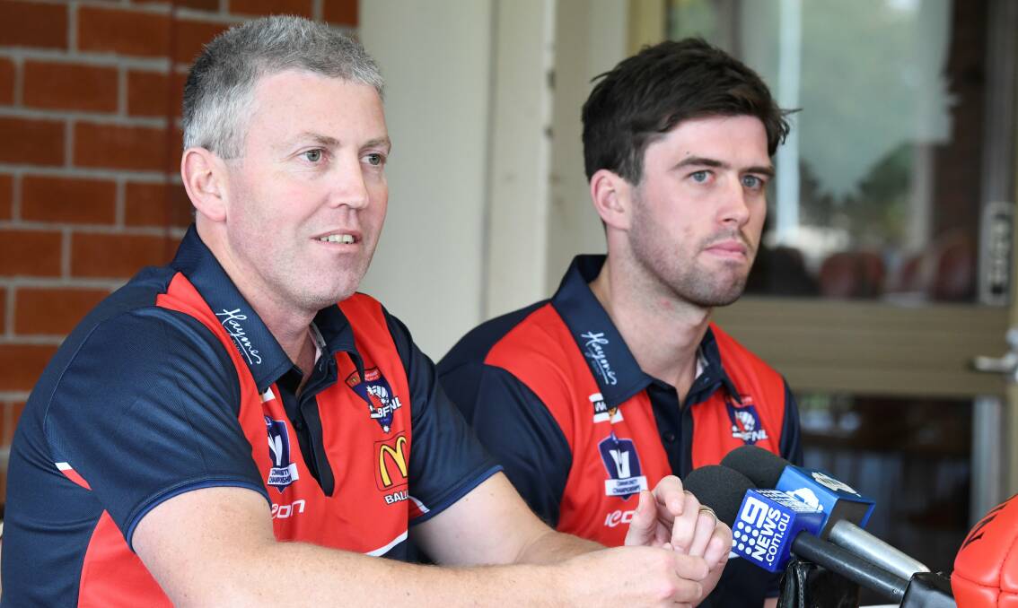 LEADERS: BFL coach Shaun O'Loughlin with Sebastopol's Tony Lockyer, a former VFL defender, who will get his first chance to play on the MCG. Picture: Lachlan Bence