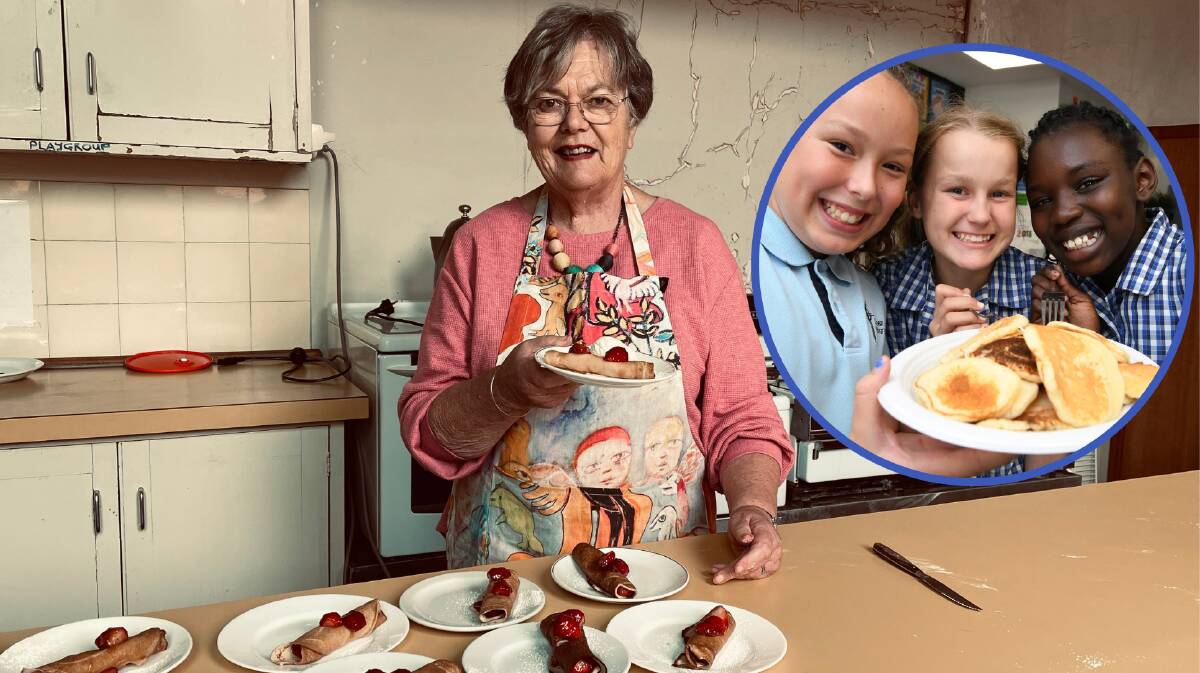 Pancake maker Jill Godfrey serves up a two-course meal (savoury then sweet) for Shrove Tuesday at St Peter's Anglican Church in 2023 and, inset, Lumen Christi pupils get taste-testing 2019. Pictures by Melanie Whelan and Lachlan Bence