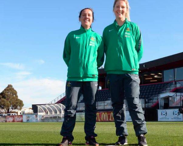 GOLD MISSION: Matildas' co-captain Lisa De Vanna and defender Caitlin Cooper arrive in Ballarat for the team's last camp on home soil before Rio. Picture: Kate Healy