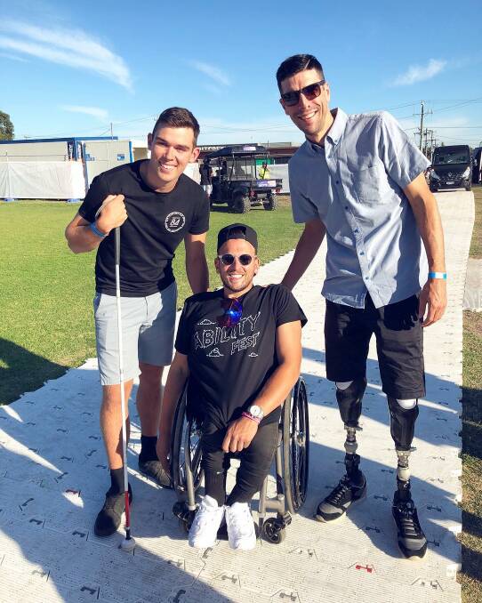INSPIRATION: Legless and Blind duo Ben Pettingill and Michael Rolls hang out with tennis star Dylan Alcott at Ability Fest. Picture: @BenPettingillSpeaker on Facebook