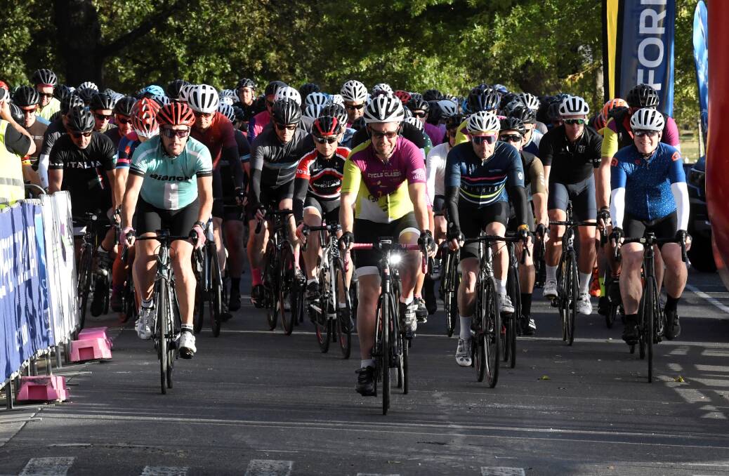 A scene from the start line of Ballarat Cycle Classic's popular original road ride. Picture by Lachlan Bence