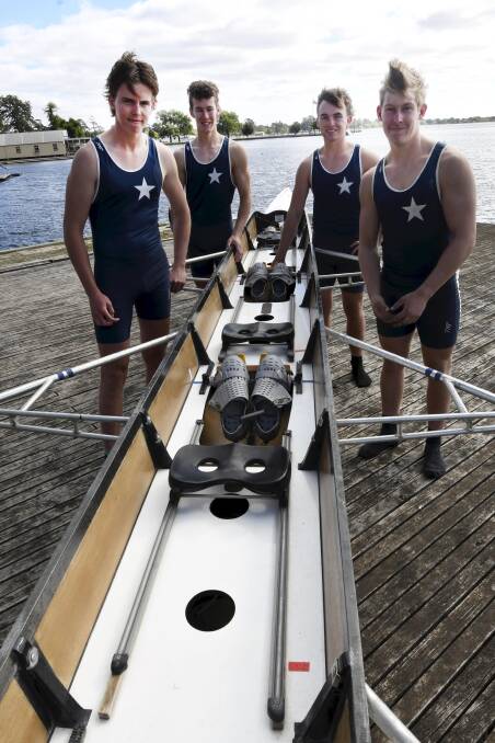 ON DECK: The Ballarat City rowing crew with their good racing boat - but they hope to go even better to take on the nation's powerhouse clubs. Picture: Lachlan Bence