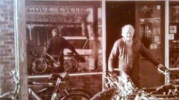 A well-known photo of Bill Gove outside Gove Cycles, date unknown.