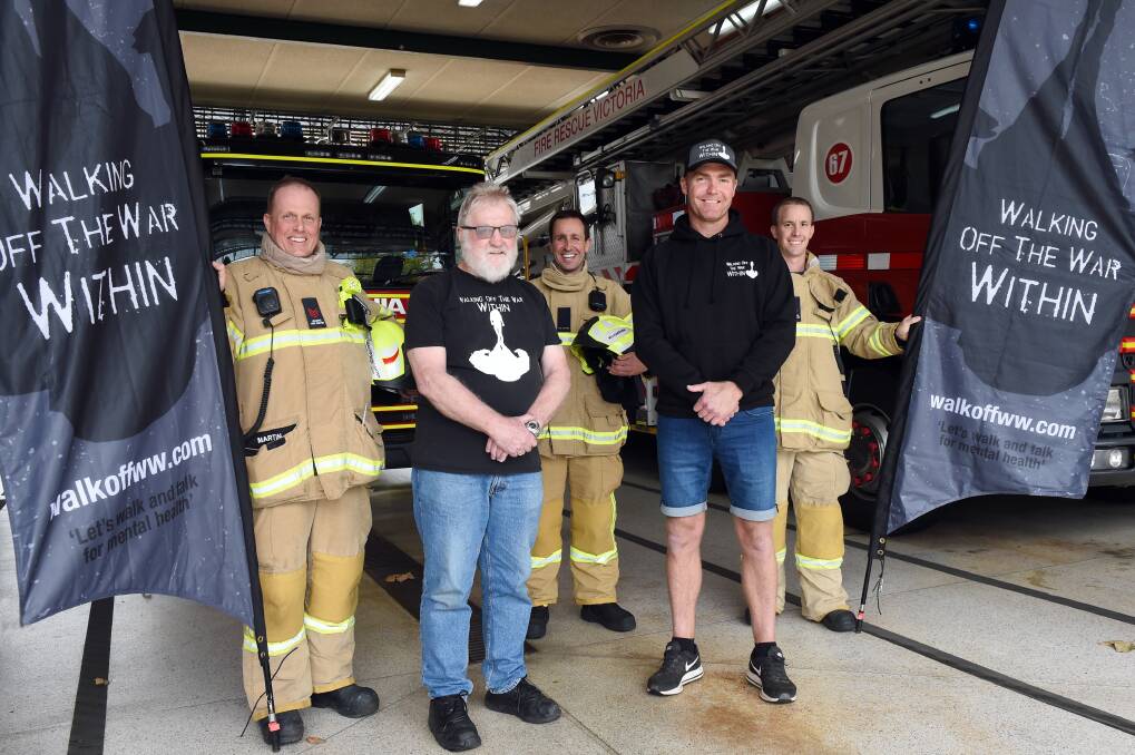 TOGETHER: Ballarat event organisers John Shanahan and fire fighter Josh Martin with Fire Rescue Victoria fire fighters Brad Martin, Josh Richardson and Matt MacGillivray ahead of last year's event. Picture: Kate Healy