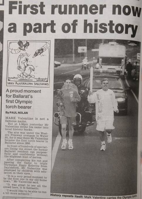 BELOW: A clipping from The Courier shows Mark Valentine as the first Ballarat torch bearer.