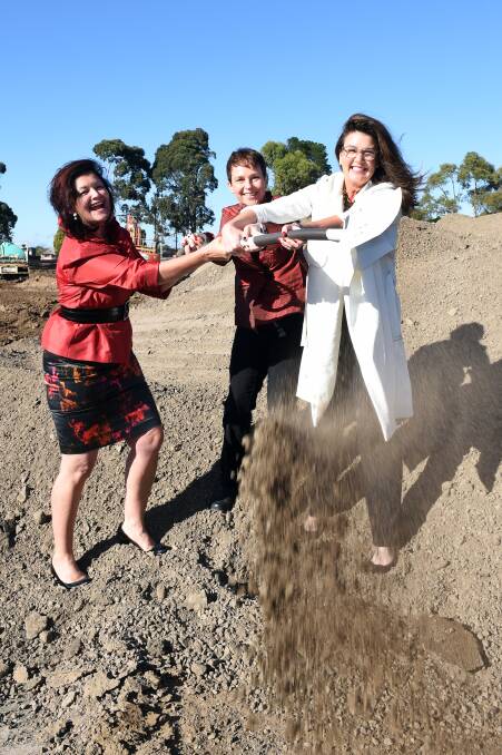 Ballarat mayor Samantha McIntosh, Victorian Regional Development Minister Jaala Pulford and Senator Jane Hume turn the first sod at BSEC. Picture: Kate Healy