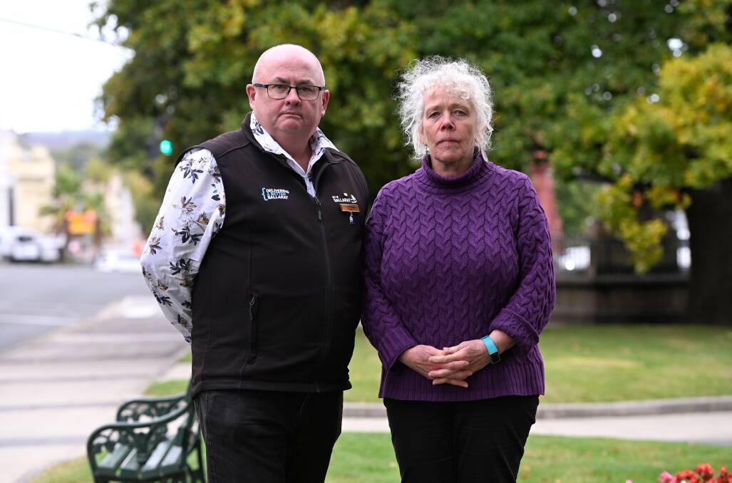 City of Ballarat mayor Des Hudson and Women's Health Grampians chief executive officer Marianne Hendron urge the community to take a united stand against gendered violence after a third known death of a Ballarat woman at the hands of a male in 2024. Picture by Adam Trafford