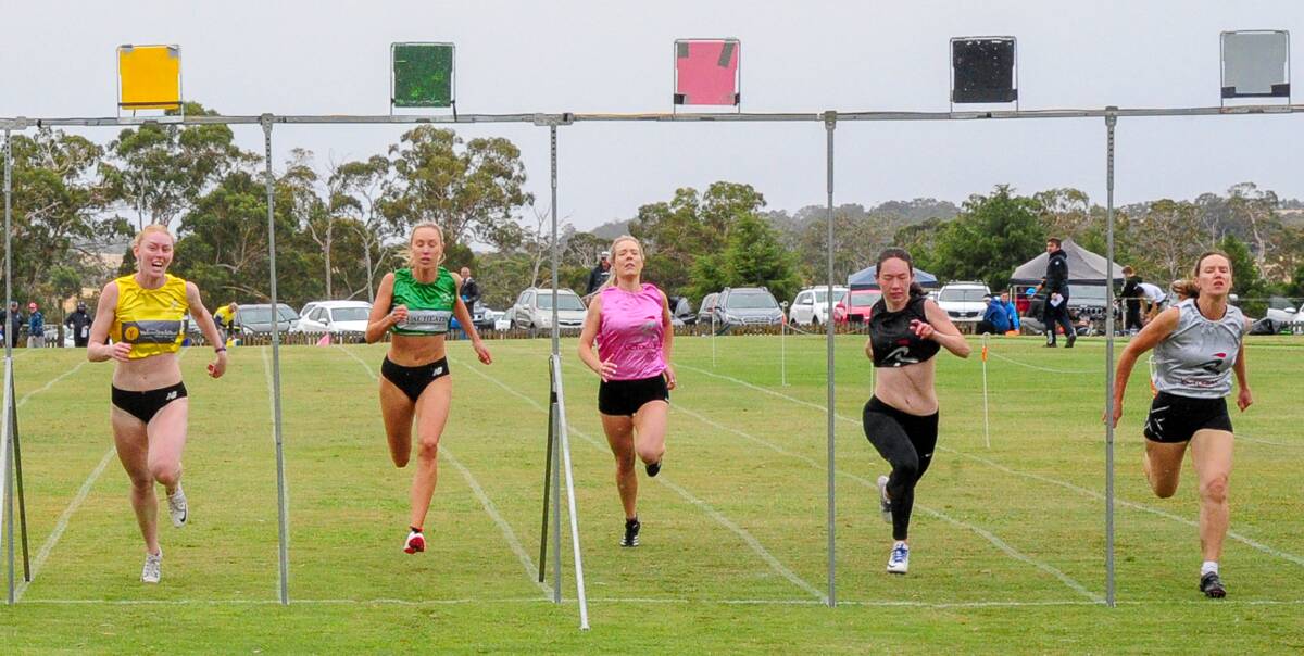 ALL THE WAY: Jody Richards (black) pushes hard to the line to capture the women's vase at the Daylesford Gift meet on Sunday. Picture: Brendan O'Brien