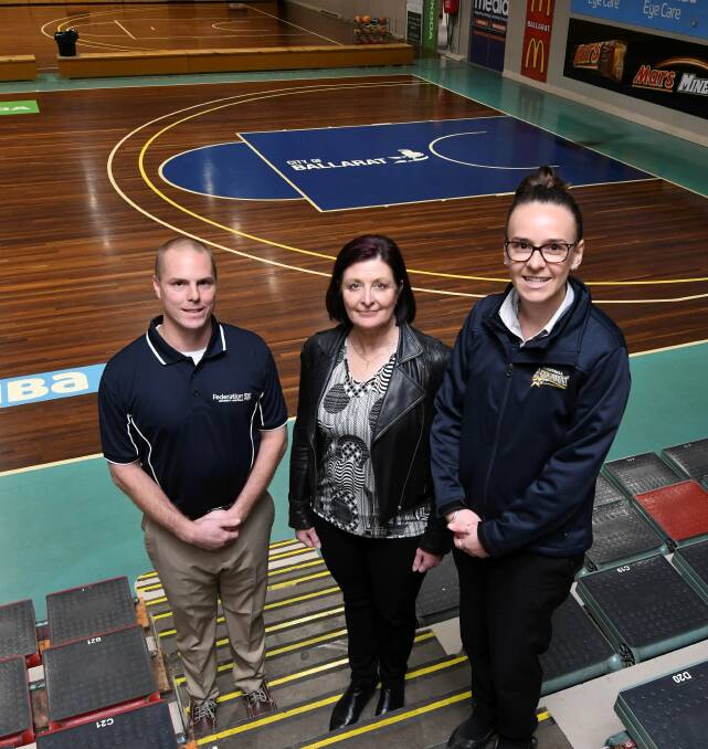 TEAMWORK: Federation University sport specialists Scott Talpey and Sue Brown with Basketball Ballarat elite teams manager Melissa Thomas are formalising learning opportunities for the new stadium. Picture: Lachlan Bence