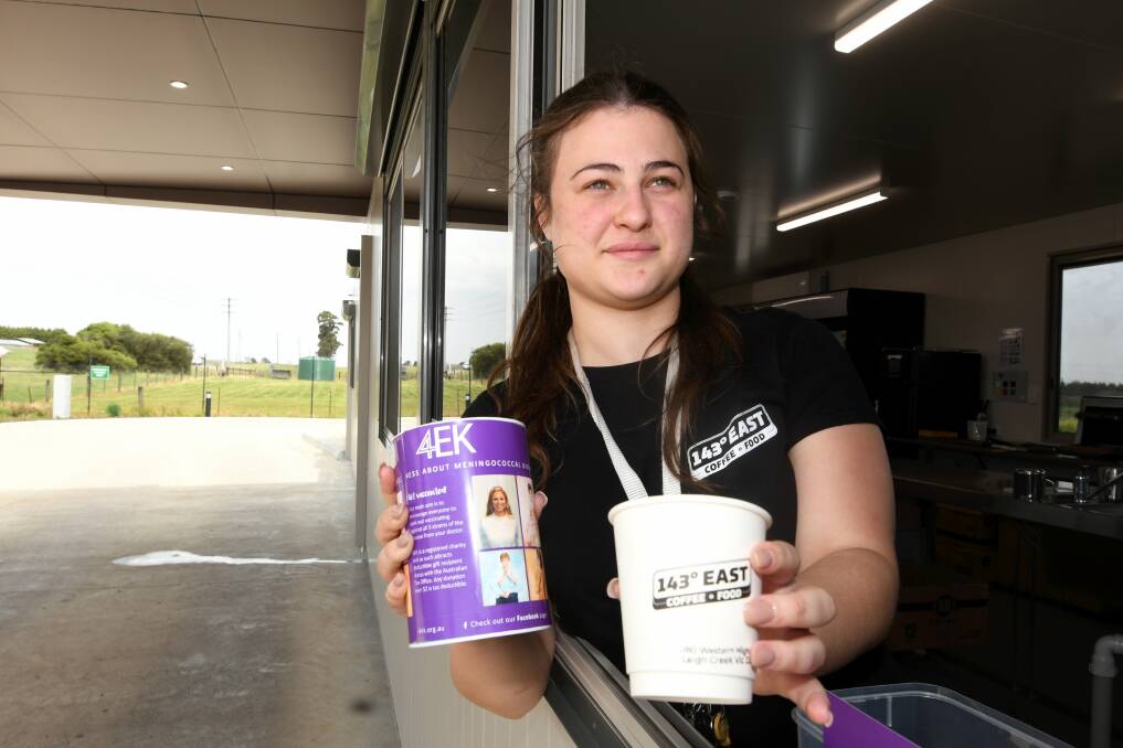 AWARENESS: Barista Jordyn Gilmer serves up support in 143 Degrees East drive-through coffee shop on the Western Freeway in Leigh Creek. Picture: Lachlan Bence