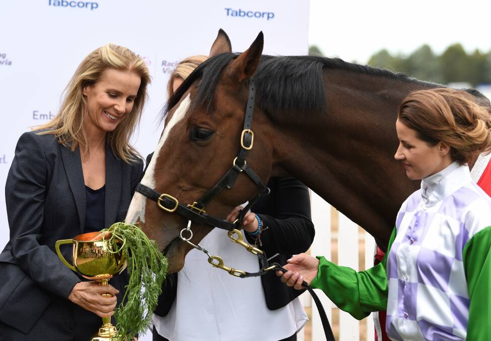 GREAT FODDER: Oscar-nominated actor Rachel Griffiths meets Prince of Penzance and Michelle Payne for the Ride like a Girl launch at Ballarat Turf Club in March last year. Picture: Lachlan Bence