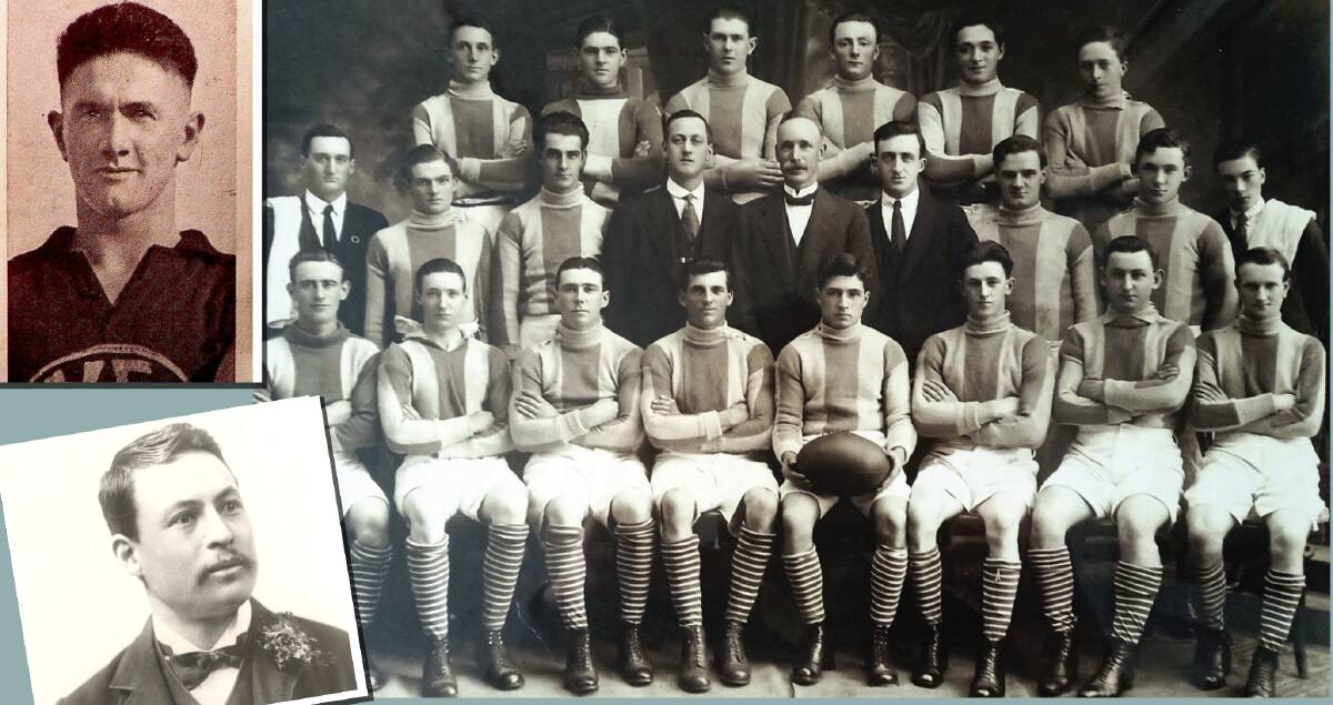 A golden history in focus with the 1922 Golden Point Rice Eaters, featuring captain Clarence Lepp holding the ball, and (inset) Jack Wunhym's Yarraville FC footy card and James Henry Lepp, the first Chinese Australian football umpire. Pictures courtesy of Patrick Skene.
