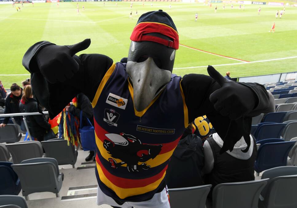 CROWING: The Beaufort mascot was contained to the stands last year but will have a chance to fly on and off the ground amid a big, tightly-scheduled grand final day.