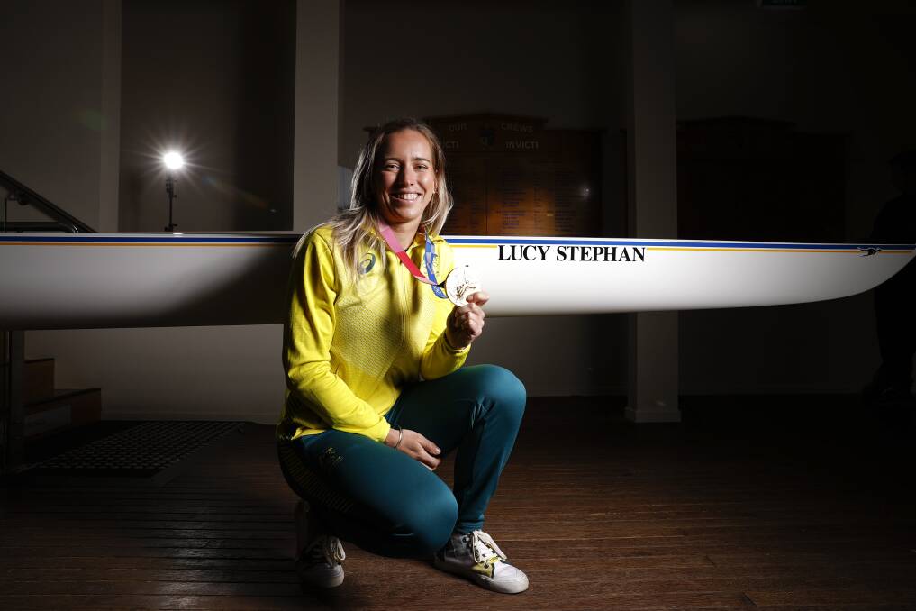 Olympic gold medallist Lucy Stephan returns to Ballarat Grammar rowing sheds after her Tokyo gold. Picture by Luke Hemer