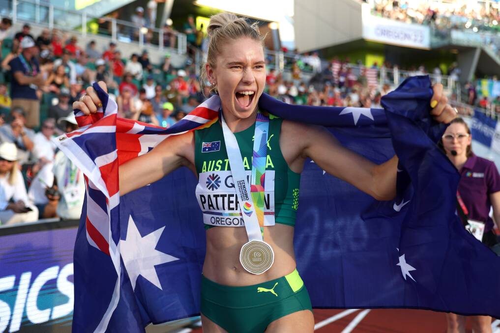 TRIUMPH: Gold medalist Eleanor Patterson of Team Australia celebrates after competing in the women's high jump final of the World Athletics Championships Picture: Patrick Smith, Getty Images