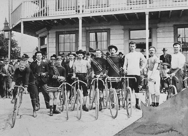 SHOWCASE: Cyclists pose before a race in 1905 by a hotel in Buninyong, now home to the national road cycling championships each January.