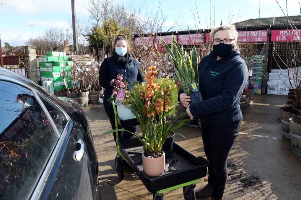 SERVICE: Formosa Gardens' Danielle Ryan and Marnie Wilmore help customers get back in the garden with click-and-collect retail. Picture: Kate Healy