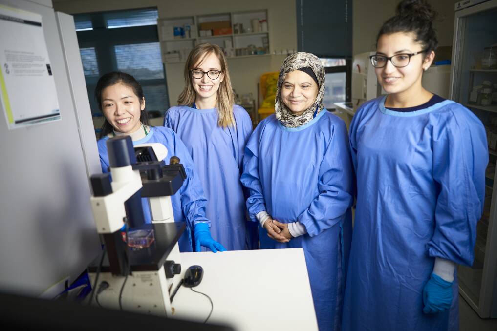 UNDER THE MICROSCOPE: Ovarian Cancer researchers at FECRI Dilys Leung, Elif Kadife, Professor Nuzhat Ahmed and Farah Ahmady are unlocking responses in proteins that may be creating chemotherapy resistance.