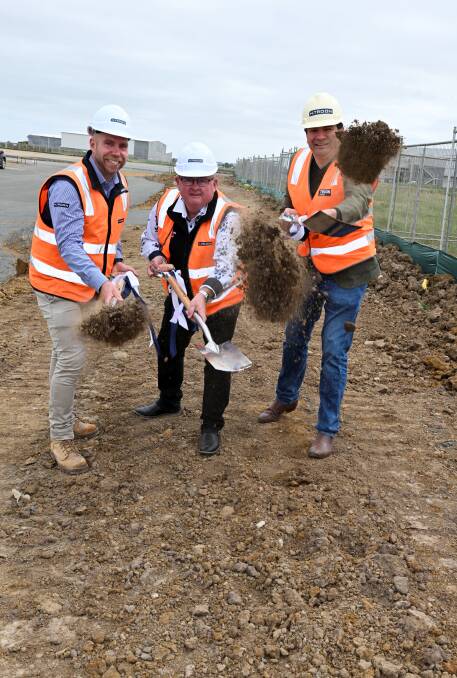 H Troon construction director James Troon, City of Ballarat mayor Des Hudson, Troon Group managing director Tom McInerney turn the first sod on an ambitious construction project in the Ballarat West Employment Zone. Picture by Lachlan Bence
