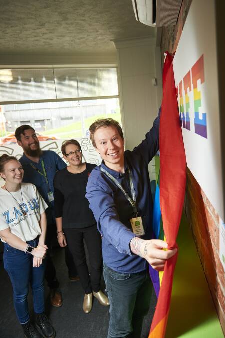 SAFE: ZAQUE advocate Stephanie Murray and headspace's Jesse Park, Jannelle Johnson and Andy Peny unveil the Pride of Place project. Picture: Luka Kauzlaric
