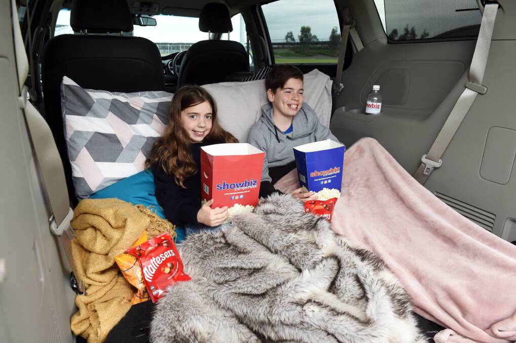 MOVIE NIGHT: Ava and River set up for a night at the drive-in with action to start rolling at Ballarat Showgrounds next month. Picture: Kate Healy