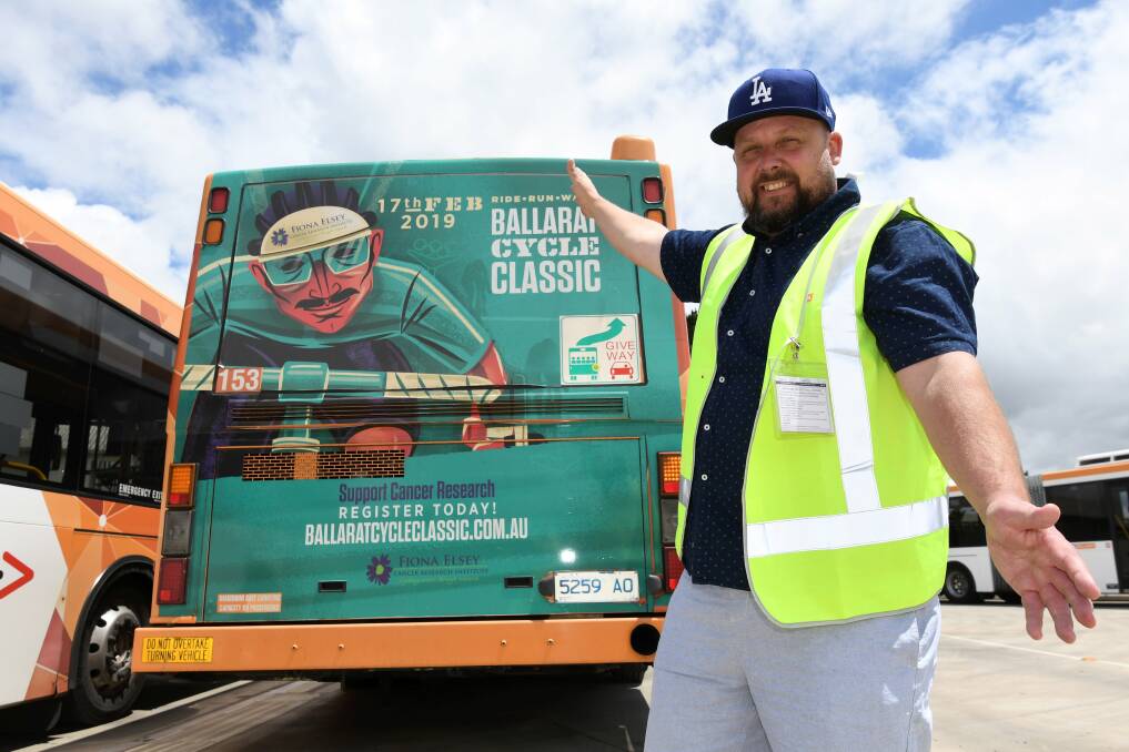 STOPPING TRAFFIC: Artist Travis Price's Ballarat Cycle Classic work will be driven about town on two CDC buses. Picture: Lachlan Bence