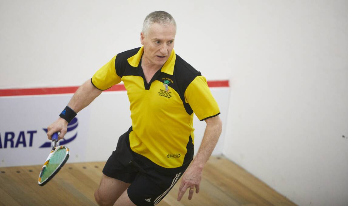 ACTION: World masters champion (aged 55-59) Peter Gilbee during the 2017 Sovereign Hill Australian Masters Squash Championships. Picture: Luka Kauzlaric