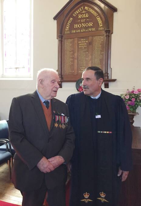 REMEMBER: Corporal George Prolongeau with Reverend Keith Lanyon, a former army chaplain, for an Anzac Day commemoration service at Skipton Street Uniting Church in 2018. 