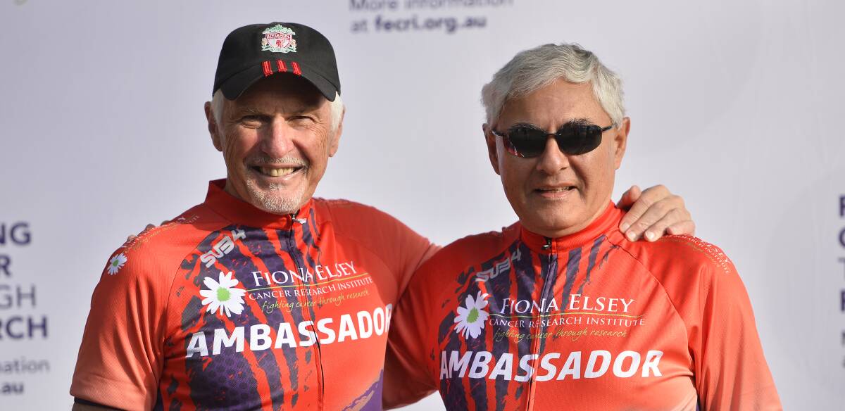 Homegrown AFL identity and Ballarat Cycle Classic ambassador Michael Malthouse with FECRI director George Kannourakis. Picture: Dylan Burns