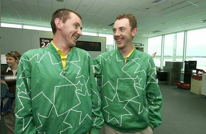TOGETHER: Ballarat badminton brothers Ashley and Stuart Brehaut arrive home from the 2004 Athens Olympics Games. Picture: Lachlan Bence